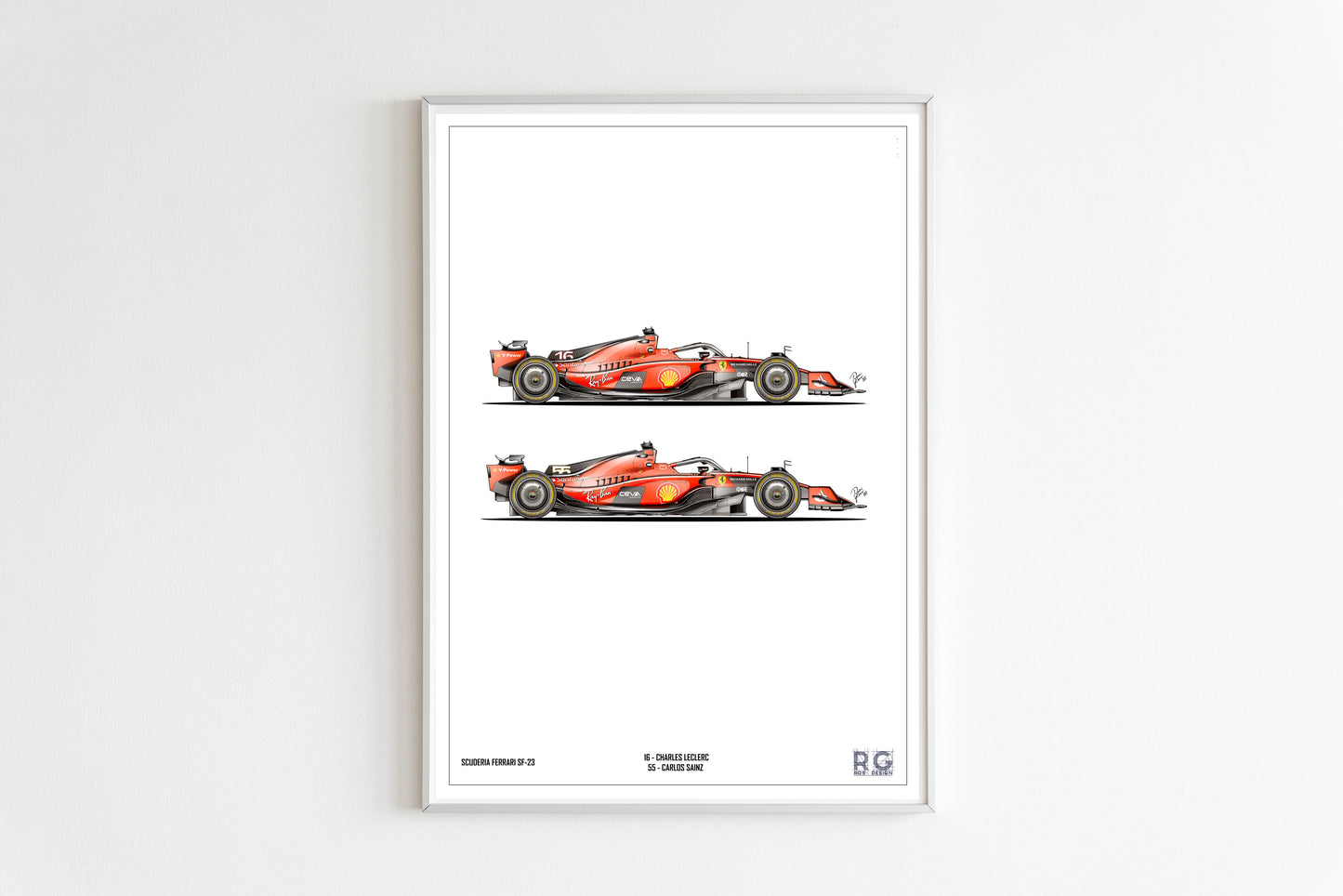 Ferrari SF-23 Leclerc and Sainz white background - Poster A2/A3