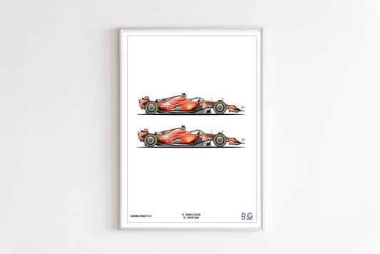 Ferrari SF-23 Leclerc and Sainz white background  - Poster A2/A3