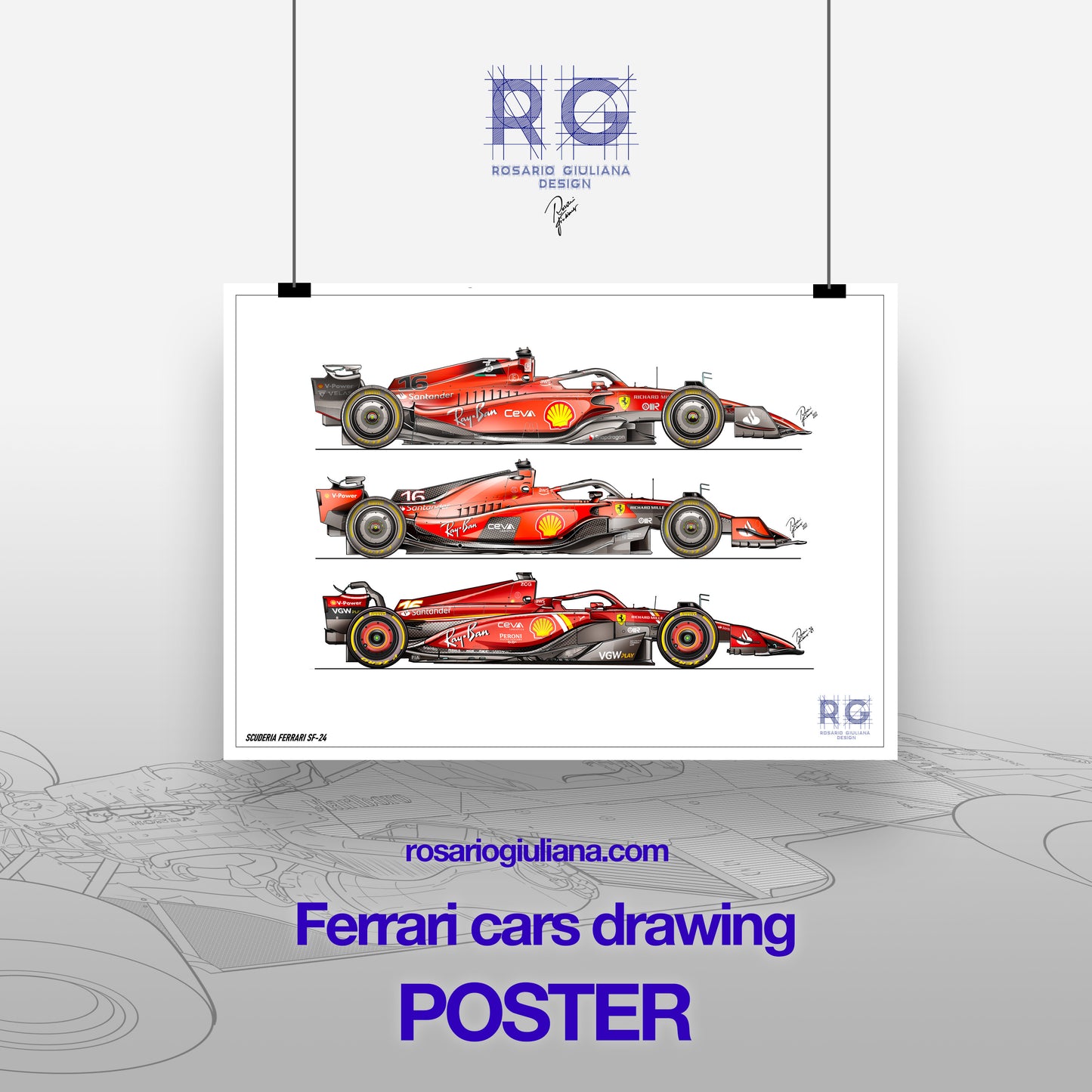 Ferrari cars collection poster F1-75, SF-23, SF-24