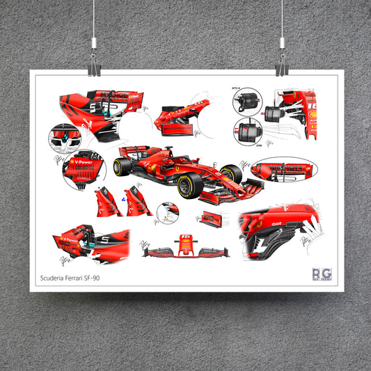 Ferrari SF90 Tech Sketches Collection Poster A2 A3