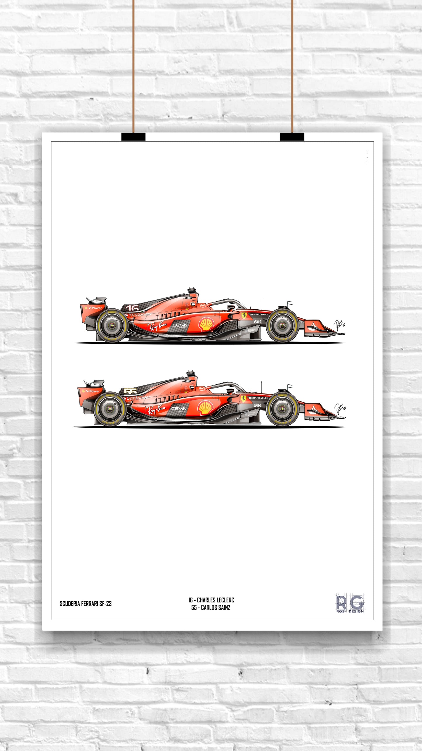 Ferrari SF-23 Leclerc and Sainz white background  - Poster A2/A3